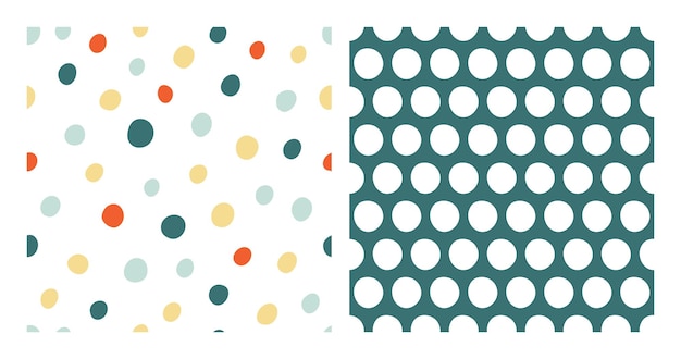 Vector conjunto de 2 patrones sin fisuras con manchas de colores y puntos blancos.