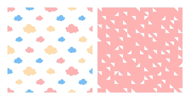 Conjunto de 2 patrones sin fisuras con nubes de colores y pequeños triángulos blancos.