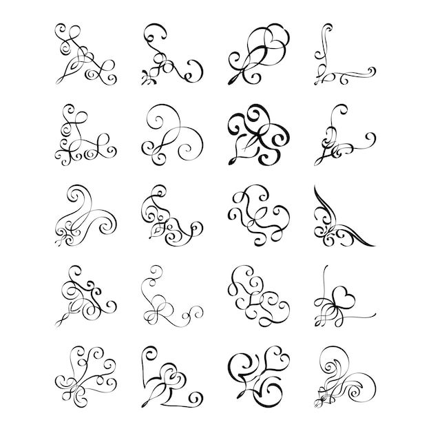 Conjunto de 20 esquinas de marco dibujadas a mano. Varios elementos de diseño para tarjetas de felicitación. ilustración vectorial