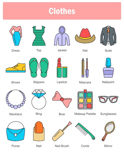 Un conjunto de 20 iconas de ropa como chaqueta de vestir