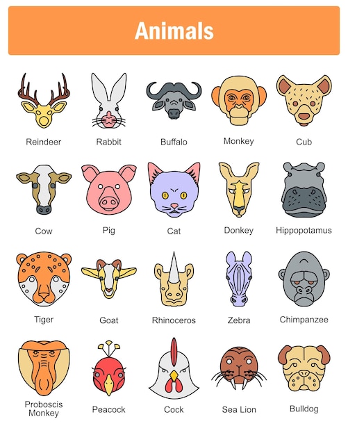 Un conjunto de 20 íconos de animales como renos, conejos, búfalos