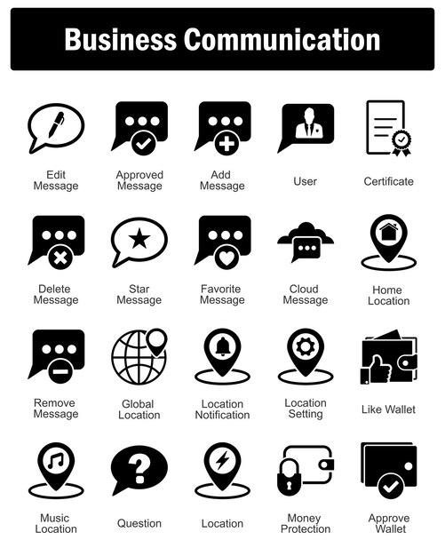 Un conjunto de 20 iconos comerciales como mensaje de edición aprobado mensaje de adición de mensaje