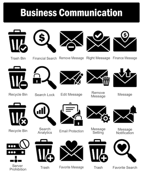 Un conjunto de 20 iconos comerciales como mensaje de eliminación de búsqueda financiera en el contenedor de basura