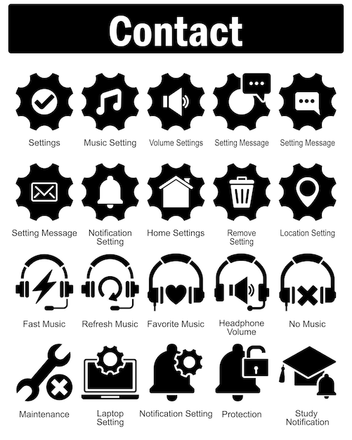 Un conjunto de 20 iconos de contacto como ajustes de configuración de música ajustes de volumen