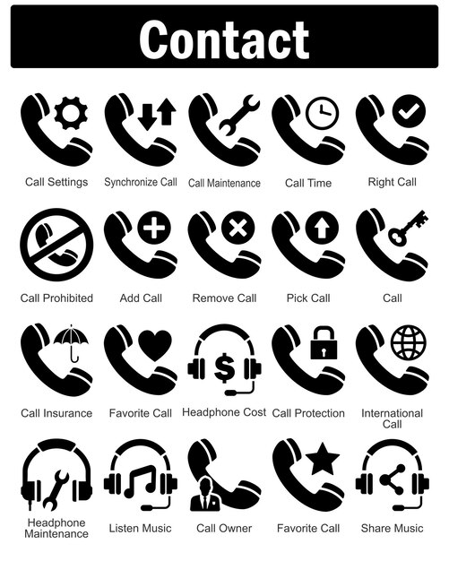 Un conjunto de 20 iconos de contacto como configuraciones de llamada sincronizar llamada mantenimiento de llamada