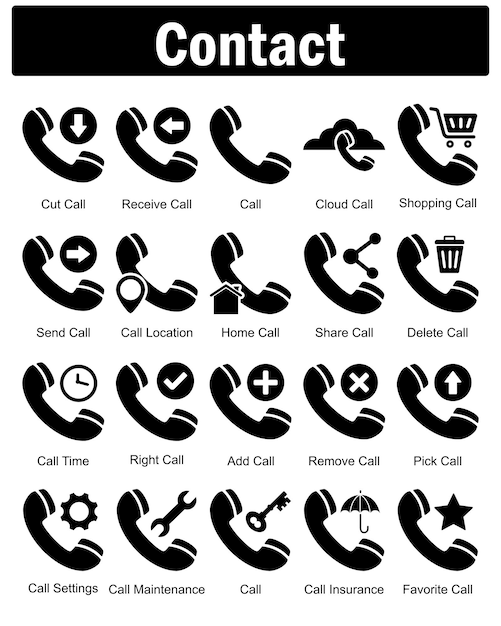 Un conjunto de 20 iconos de contacto como corte llamada recibir llamada llamada nube llamada