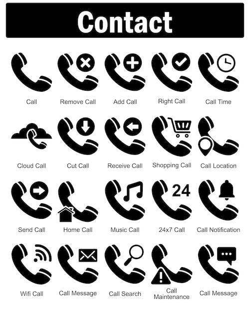 Un conjunto de 20 iconos de contacto como llamada eliminar llamada agregar llamada