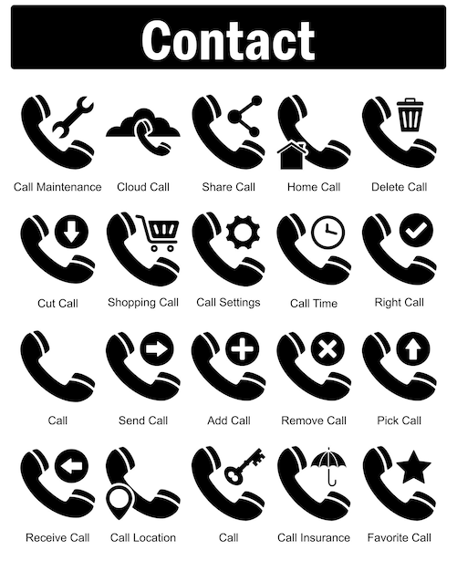 Un conjunto de 20 iconos de contacto como llamada de mantenimiento de llamada en la nube