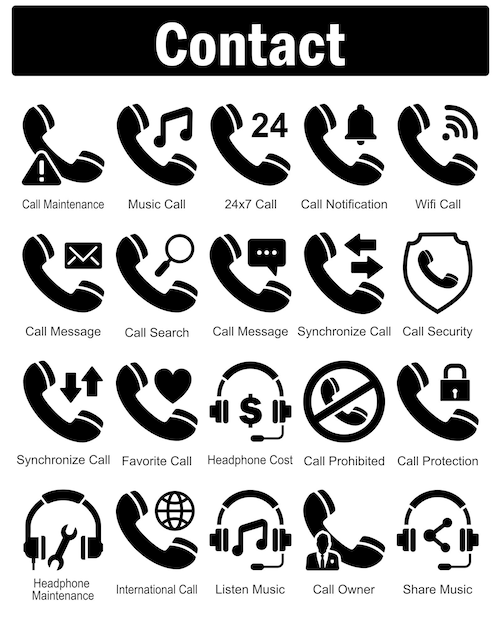 Un conjunto de 20 iconos de contacto como llamada de mantenimiento de música llamada 24x7 llamada