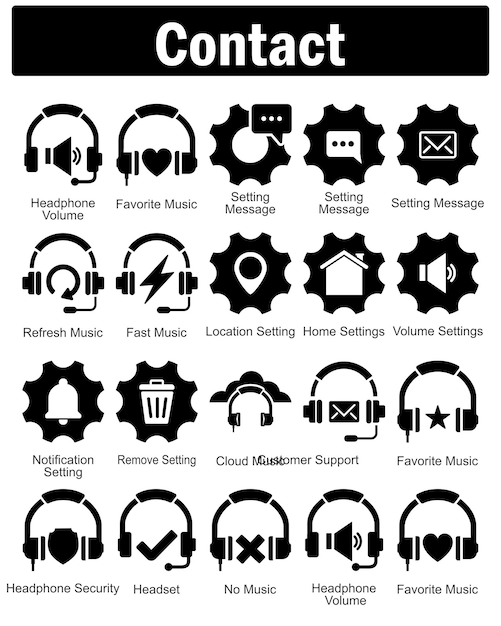 Un conjunto de 20 iconos de contacto como mensaje de configuración de música favorita del volumen de los auriculares