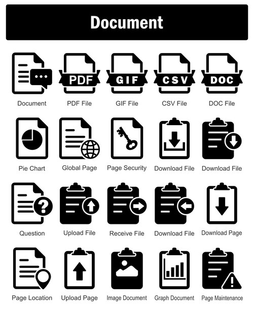 Un conjunto de 20 iconos de documento como archivo documet pdf archivo gif