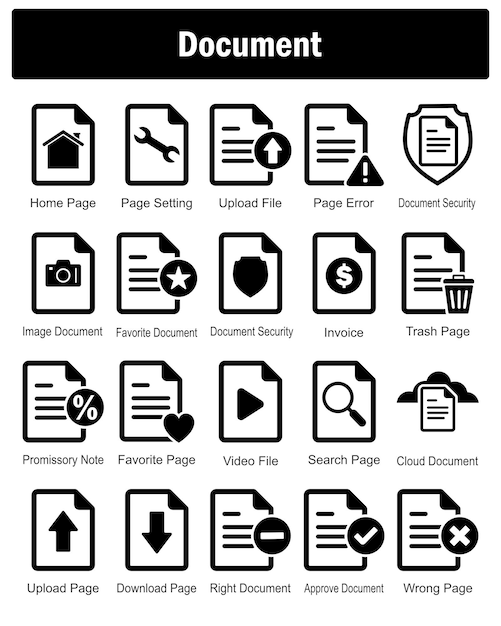 Un conjunto de 20 iconos de documento como configuración de la página de inicio del archivo de carga