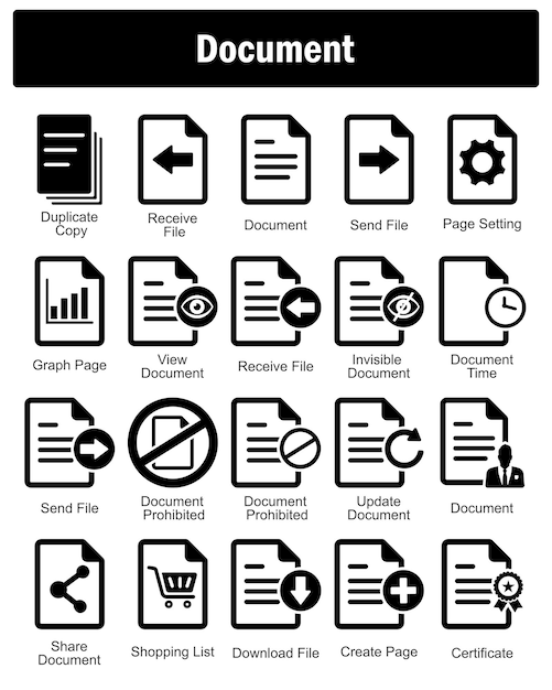 Un conjunto de 20 iconos de documento como copia duplicada del documento de archivo de recepción