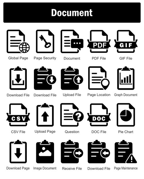 Un conjunto de 20 iconos de documento como documento de seguridad de página global