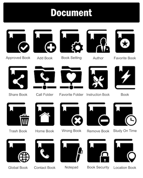 Un conjunto de 20 iconos de documento como libro aprobado agregar configuración de libro de libro