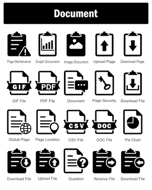 Un conjunto de 20 iconos de documento como página de mantenimiento gráfico documento imagen documento
