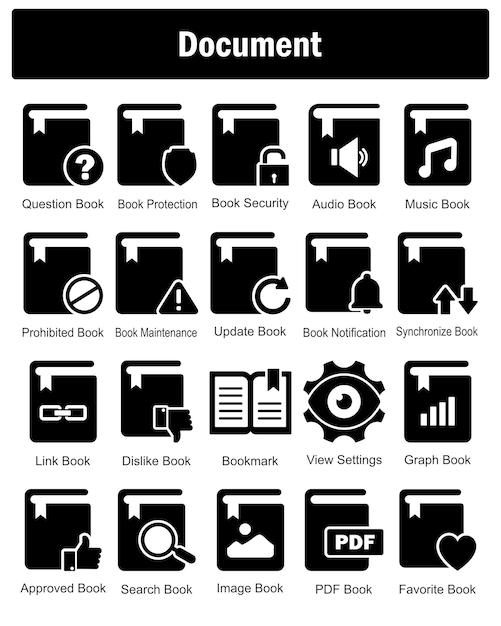 Un conjunto de 20 iconos de documentos como libro de preguntas protección libro de seguridad