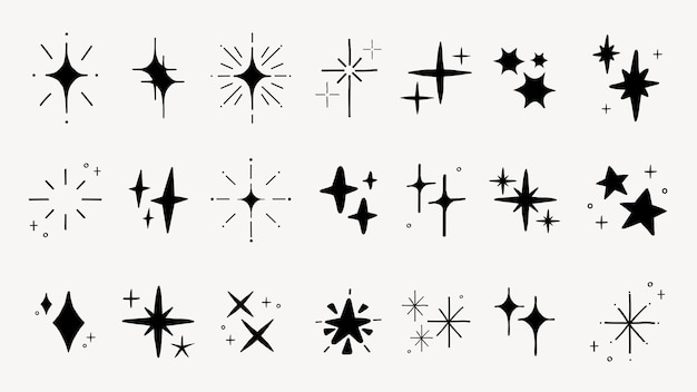 Conjunto de 20 iconos de estallido de estrellas negras y chispas en un fondo blanco Los diseños de estallidos de estrellas varían en forma y tamaño Los iconos de chispas agregan un vector táctil decorativo Conjunto del elemento