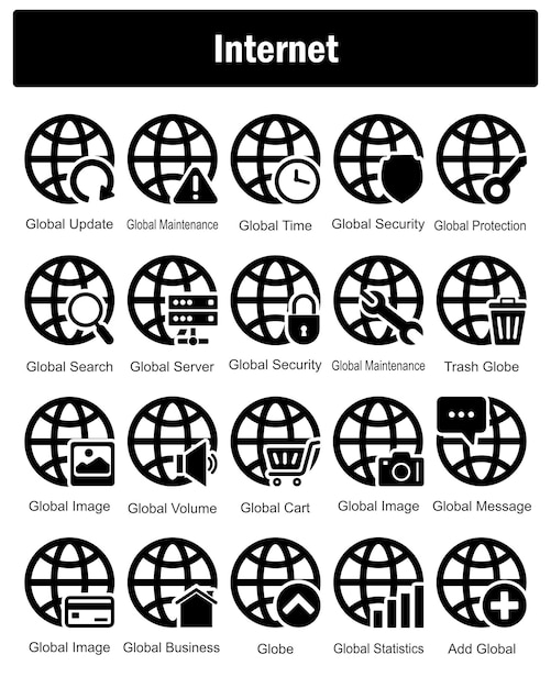 Un conjunto de 20 iconos de Internet como actualización global mantenimiento global hora global