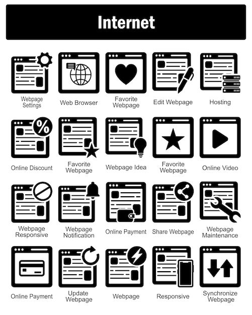 Un conjunto de 20 iconos de Internet como configuraciones de página web navegador web página web favorita