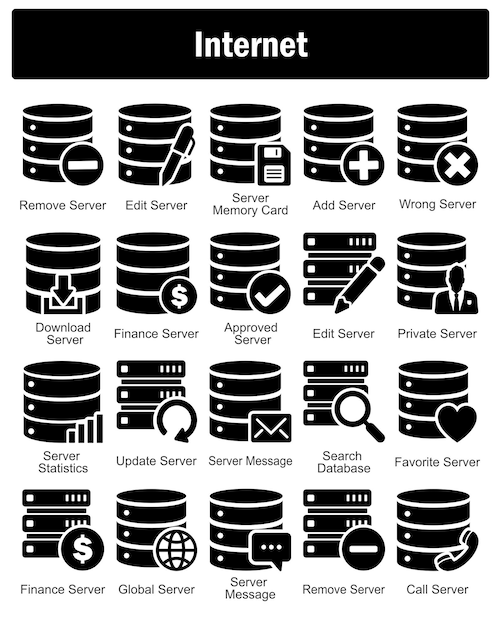 Un conjunto de 20 iconos de Internet como eliminar el servidor editar el servidor tarjeta de memoria del servidor