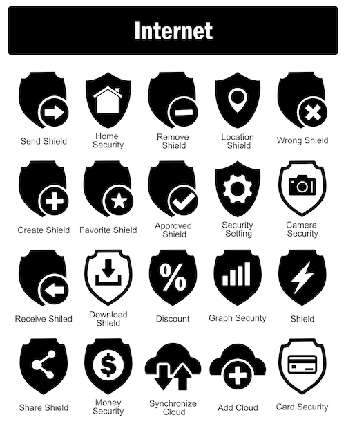 Un conjunto de 20 iconos de Internet como enviar escudo de seguridad del hogar quitar escudo