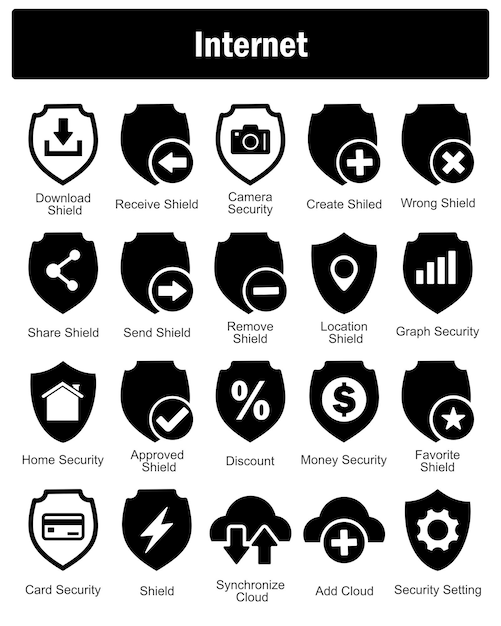 Un conjunto de 20 iconos de Internet como escudo de descarga reciben la seguridad de la cámara de escudo