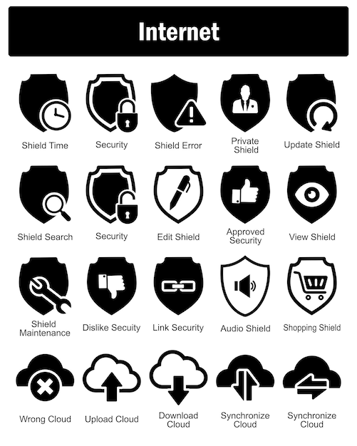 Un conjunto de 20 iconos de Internet como escudo de tiempo de seguridad escudo de error