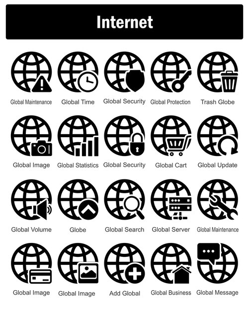 Un conjunto de 20 iconos de Internet como mantenimiento global tiempo global seguridad global