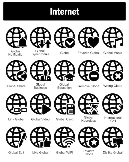 Un conjunto de 20 iconos de Internet como notificación global global sincronizar el globo