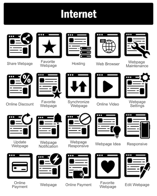 Un conjunto de 20 iconos de Internet como página web compartida página web favorita de alojamiento