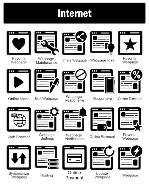 Un conjunto de 20 iconos de Internet como página web favorita, página web de mantenimiento, página web compartida