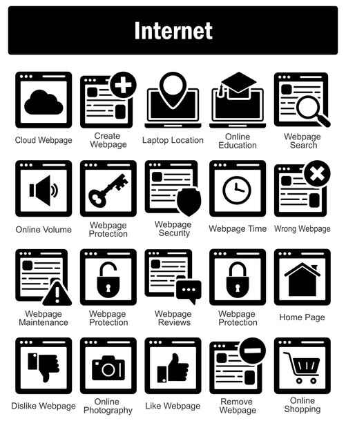 Un conjunto de 20 iconos de Internet como página web en la nube crear página web ubicación del portátil