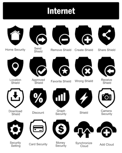 Un conjunto de 20 iconos de Internet como seguridad del hogar enviar escudo quitar escudo