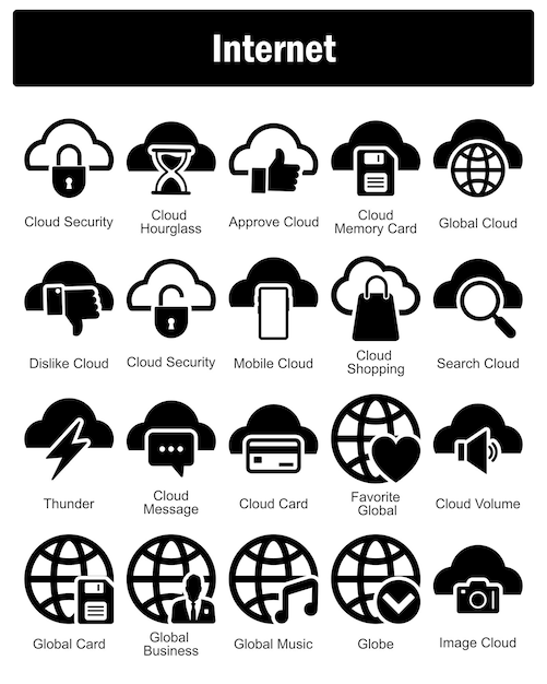 Un conjunto de 20 iconos de Internet como seguridad en la nube reloj de arena en la nube aprobar nube