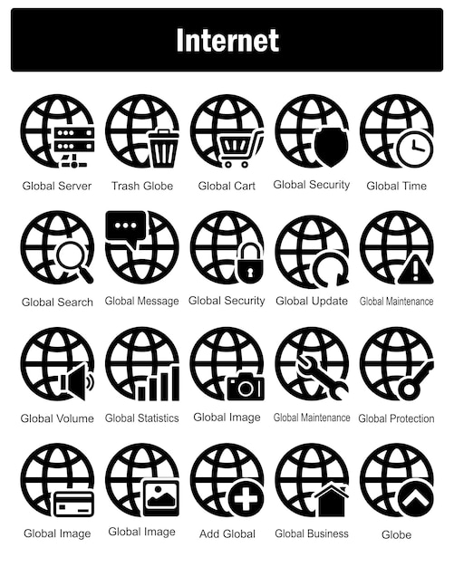 Un conjunto de 20 iconos de Internet como servidor global basura globo carrito global