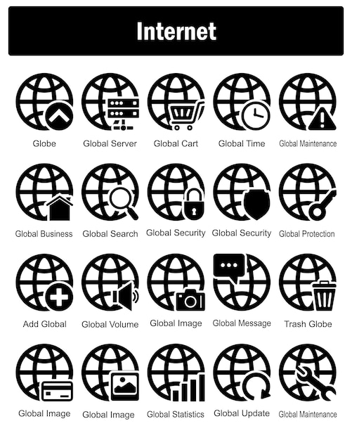Un conjunto de 20 iconos de Internet como servidor global del globo carro global