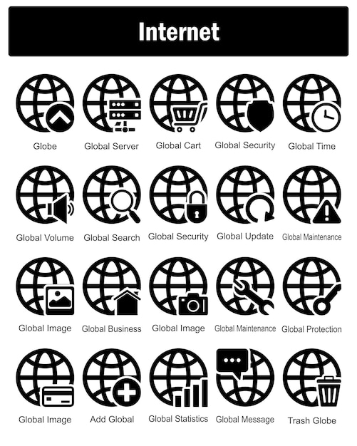 Un conjunto de 20 iconos de Internet como servidor global del globo carro global
