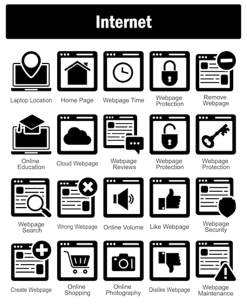 Un conjunto de 20 iconos de Internet como la ubicación del portátil página de inicio página web hora