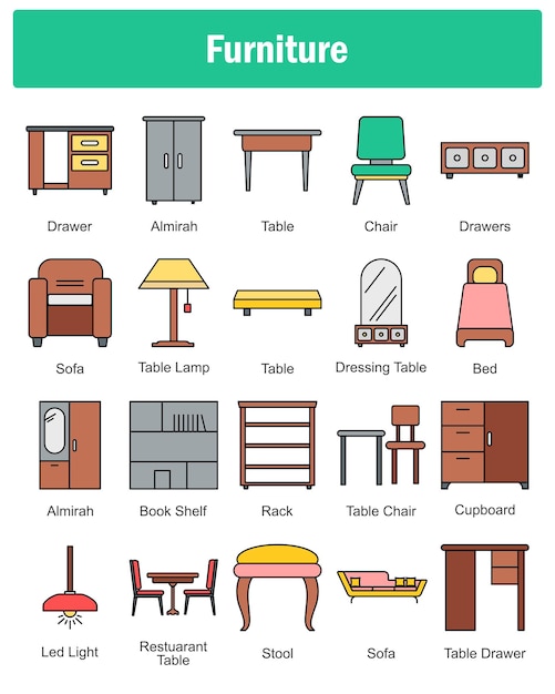 Un conjunto de 20 íconos de muebles como cajón mesa almirah