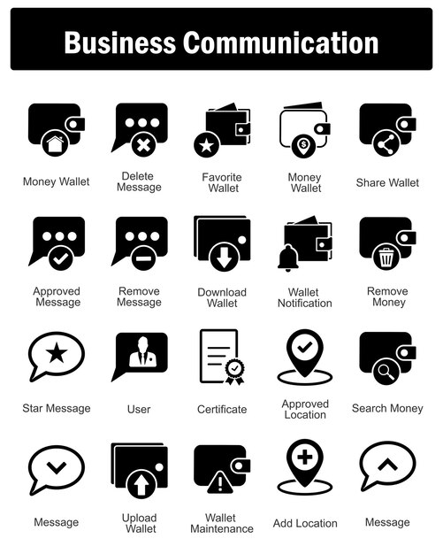 Un conjunto de 20 iconos de negocios como billetera de dinero borrar mensaje billetera favorita