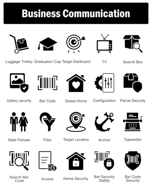Un conjunto de 20 iconos de negocios como carrito de equipaje, gorra de graduado, dartboard objetivo.