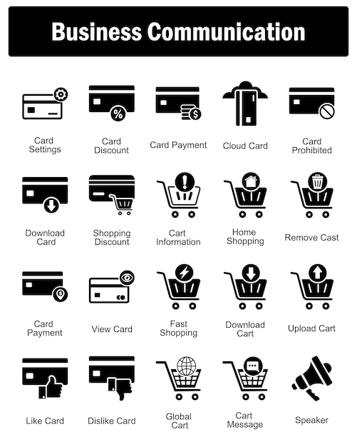 Un conjunto de 20 iconos de negocios como configuraciones de tarjeta de descuento en efectivo pago de tarjeta