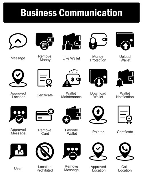 Un conjunto de 20 iconos de negocios como mensaje eliminar dinero como billetera