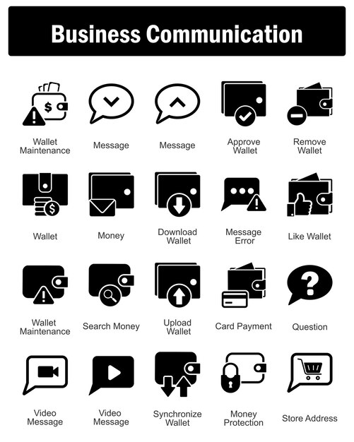 Un conjunto de 20 iconos de negocios como mensaje de mantenimiento de billetera aprobar billetera
