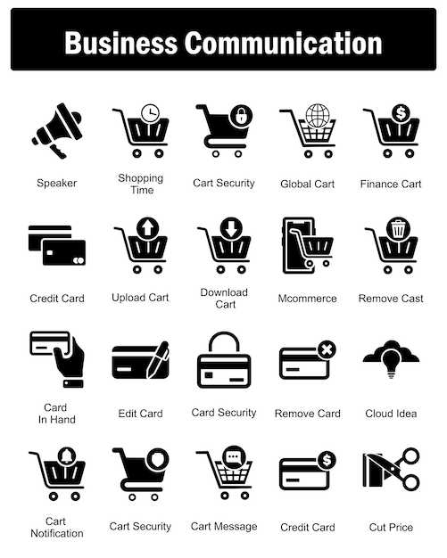Un conjunto de 20 iconos de negocios como orador de seguridad del carrito de compras de tiempo