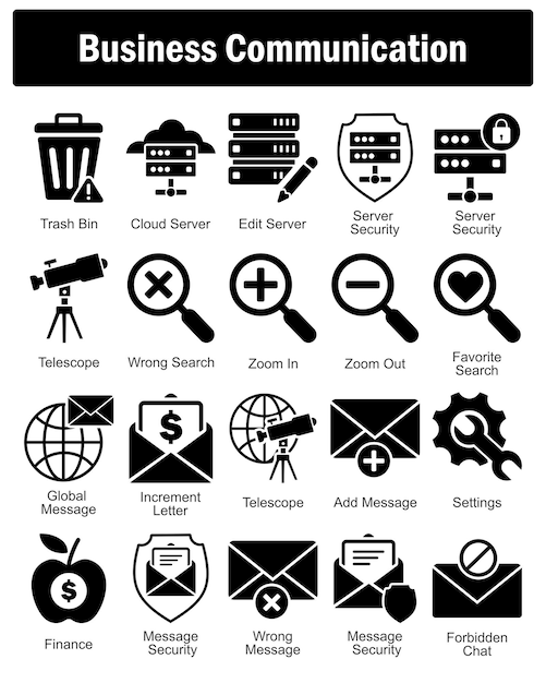 Un conjunto de 20 iconos de negocios como servidor de edición de servidor de nube de la basura