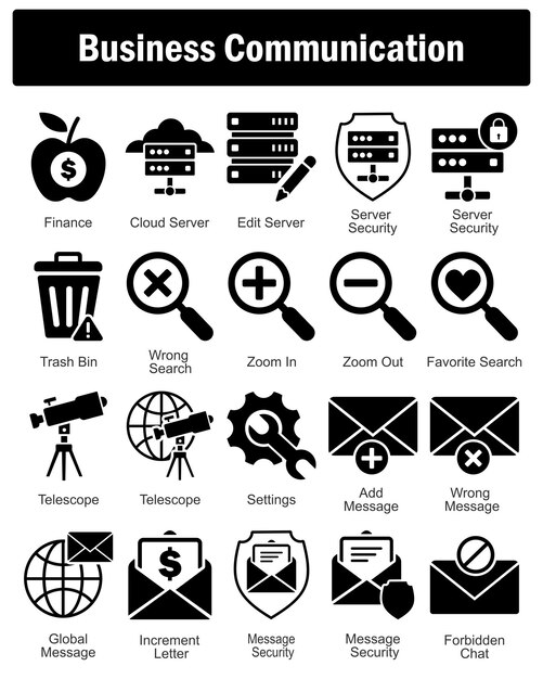 Un conjunto de 20 iconos de negocios como servidor de edición de servidor de nube de finanzas