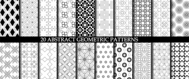 Conjunto de 20 patrones geométricos abstractos con líneas triangulares y rayas sobre fondo blanco