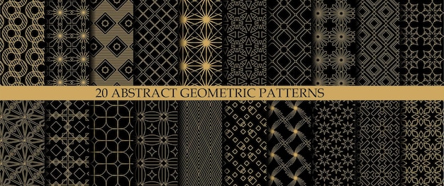 Conjunto de 20 patrones geométricos abstractos con líneas triangulares y rayas sobre fondo negro